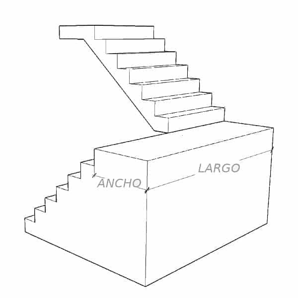 Una imagen en tres dimensiones con un plano indicando las como tomar medidas de una escalera y su meseta