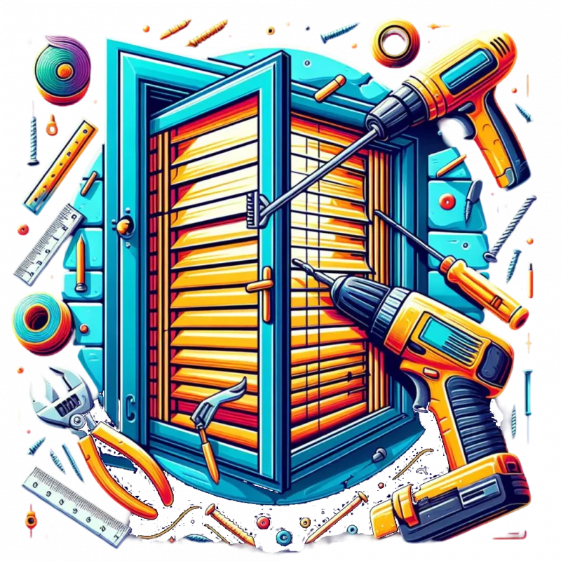 Ilustración de una ventana con rejas y herramientas de instalación