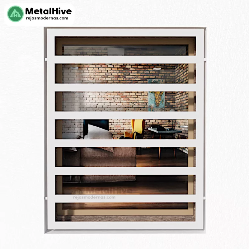 Reja para Ventana moderna Modelo Anelf | Metal Hive Una imagen de una ventana con rejas modernas de color blanco, fabricadas por MetalHive, que brindan seguridad y estilo al hogar.