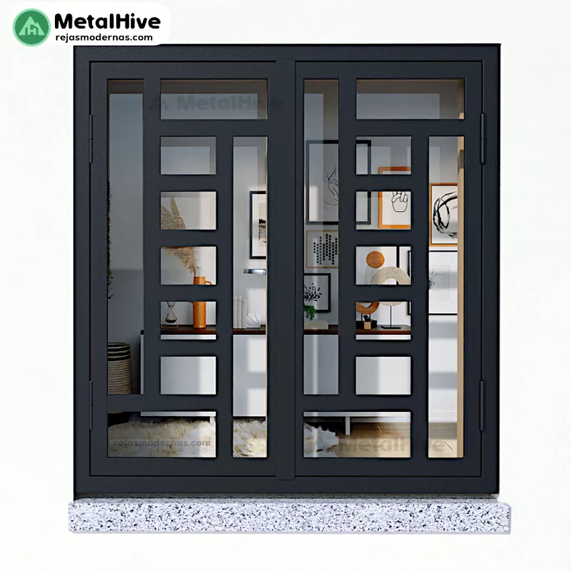 Reja Rústica para Ventana Modelo Ordsam | Metal Hive Imagen de la reja abatible rústica para ventanas modelo Ordsam de Cerrajería Metalhive en color negro