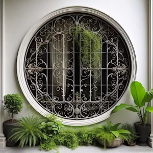 Reja de forja para ventana redonda, aportando un toque de elegancia y seguridad.
