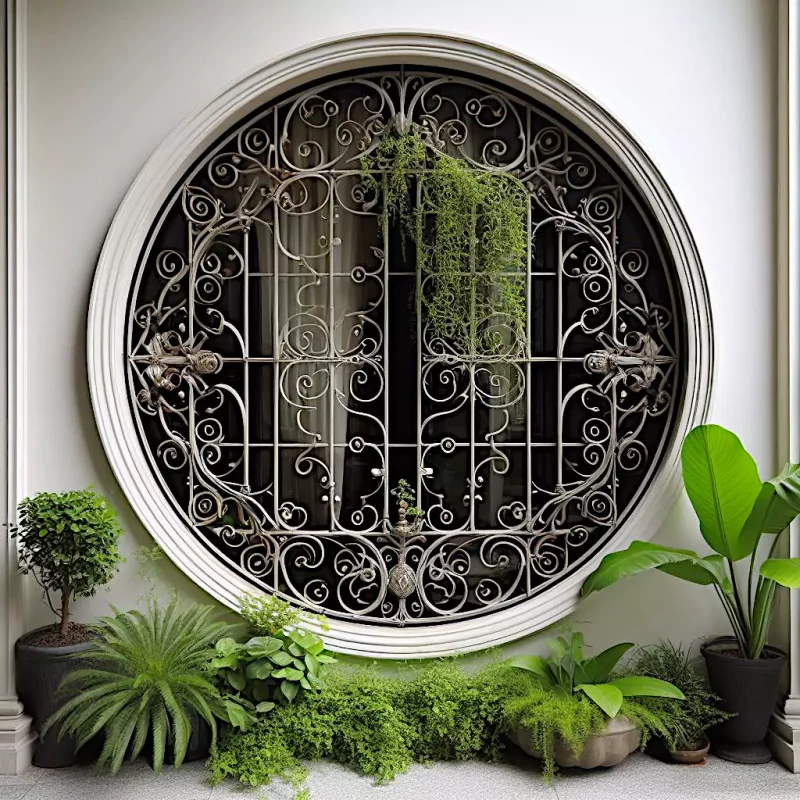Reja de forja para ventana redonda, aportando un toque de elegancia y seguridad.
