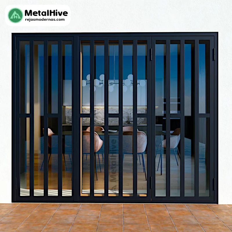 Reja de Metal para Puerta Modelo Rida | Metal Hive Reja de seguridad modelo Rida de Cerrajería MetalHive, color negro, con varias hojas abatibles