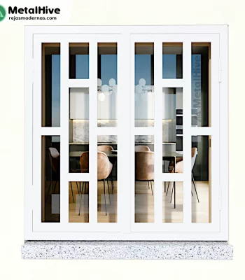 Reja de Seguridad para Ventana Modelo Danea | Metal Hive Una reja de seguridad blanca de dos hojas abatibles para ventanas, modelo Danea