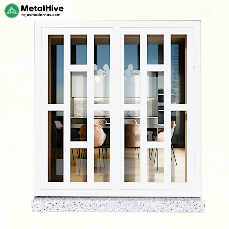 Reja de Seguridad para Ventana Modelo Danea | Metal Hive Una reja de seguridad blanca de dos hojas abatibles para ventanas, modelo Danea