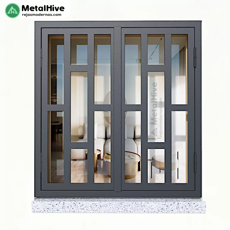 Reja de seguridad para ventanas de dos hojas abatibles, fabricada en hierro de alta calidad y acabada en color negro.