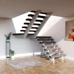 Escaleras interiores modernas en tubos anchos de hierro color blanco vista central