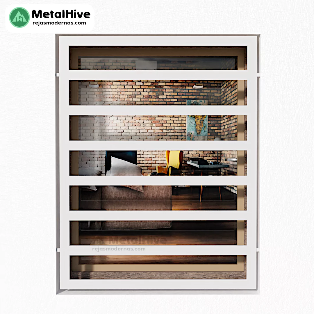 Una imagen de una ventana con rejas modernas de color blanco, fabricadas por MetalHive, que brindan seguridad y estilo al hogar.