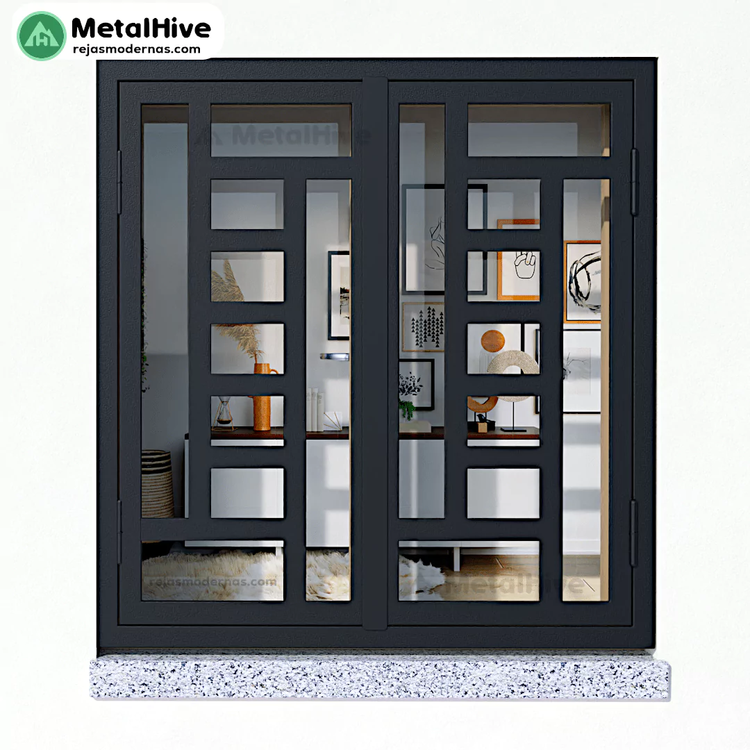 Imagen de la reja abatible rústica para ventanas modelo Ordsam de Cerrajería Metalhive en color negro