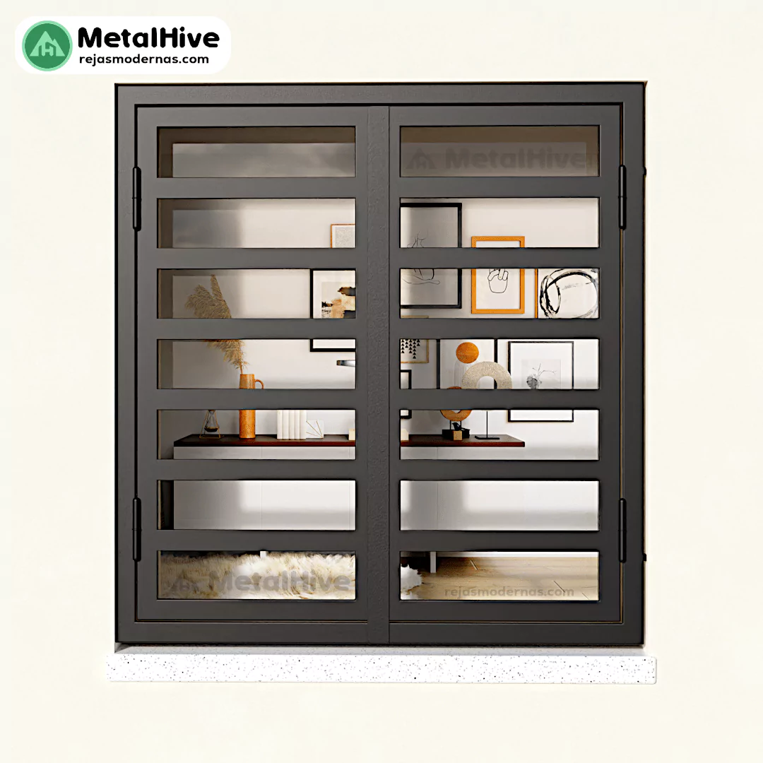 Reja abatible para ventanas modernas de color negro, modelo Anelf de Cerrajería Metalhive